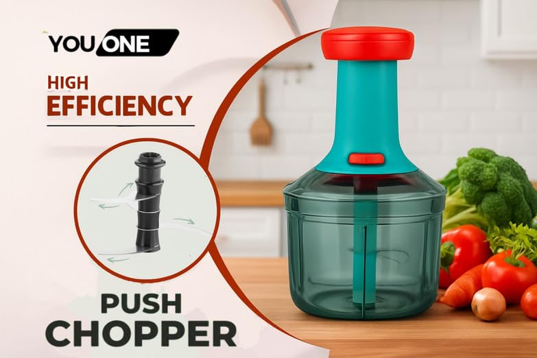 Image of YOUONE Push Chopper, 1000ml Capacity, Stainless Steel Blade, Transparent Container with Lock System, Green (Multicolour)