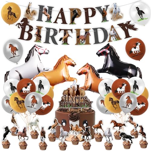 41 Stück Pferde Geburtstag Party Deko für Jungen und Mädchen Pferde Partydekoration mit Alles Gute zum Geburtstag Banner Pferde Folienballons und Kuchendeko Set Pferderennen Geburtstagszubehör