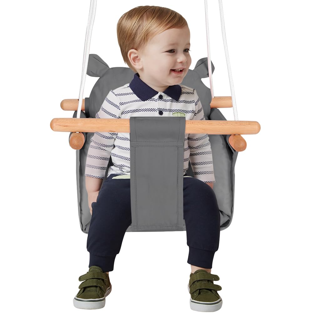 Homewell - Columpio interior para bebé y niños, asiento columpio de madera y algodón para bebé, columpio escandinavo para desarrollo vestibular, Baby Swing (gris oscuro)