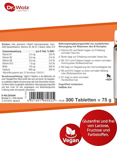 Dr. Wolz B-Komplex + Biotin + Folsäure Hefetabletten, zur zusätzlichen Versorgung mit Vitaminen des B-Komplexes (B1, B2, B6, B12, Biotin, Folsäure) 300 Tabletten