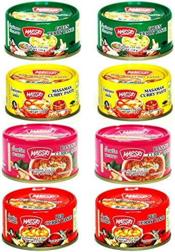 Maesri Variety Curry Paste 8pk (2) Green, (2) Red, (2) Masaman, & (2) Panang Curry Sauce (Pack of 8)