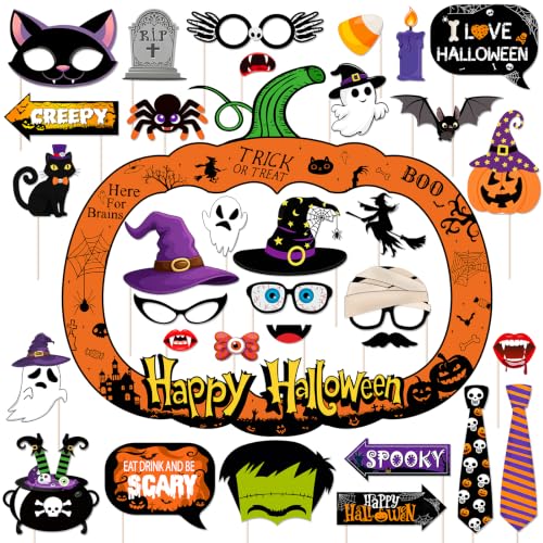 Halloween Photo Booth Props 34Pcs Halloween Photo Booth Pumpkin Halloween Photo Frame Spooky Selfie Props Ghost Cat Spider Bat for Spooky Halloween Party Decorations Trick or Treat Party Decor