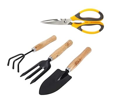 JINPRI Garden Tool Set Combo with Garden Scissor Gardening Scissors with Garden Tool Set(Wooden Handle and Black Metal) 1 Set Gardening Tools & 1 Piece Stainless Steel Garden Scissor
