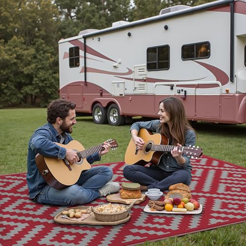 Image of GENIMO Outdoor Rug, Waterproof Plastic Rugs for Patio, 6'x9' Red Grey