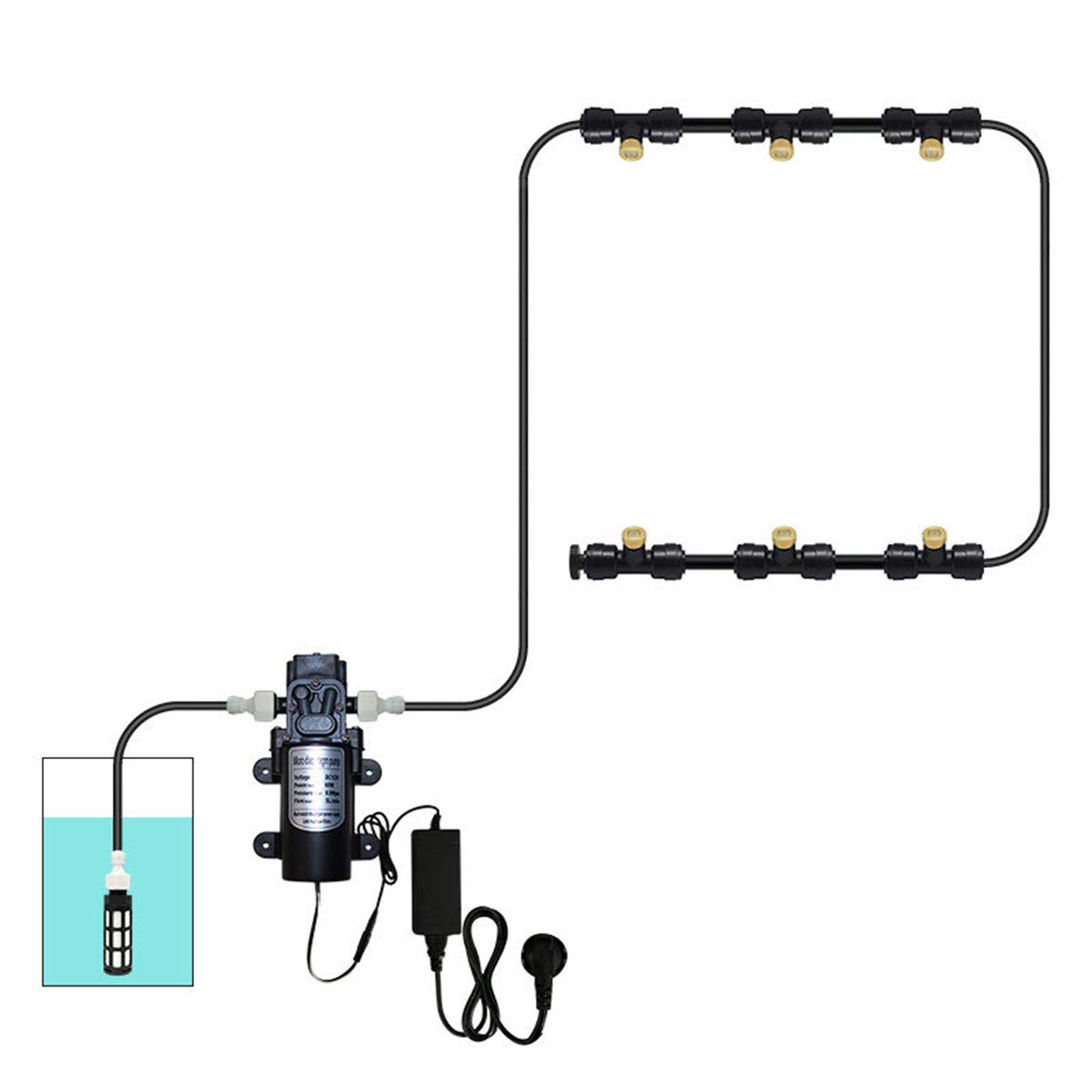 System chłodzenia zamgławiającego 6 m przewód zamgławiający + 6 dysz mgły + pompa 12 V do użytku na zewnątrz, patio, ogród, szklarnia, trampolina do parku wodnego