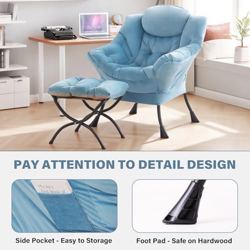 Image of Tiita Lazy Chair with Ottoman, Blue Chiars Modern Large Accent Armchair, Comfy Leisure Sofa Reading Chair with Footrest for Bedroom, Living Room, Dorm Rooms, Garden, Velvet Light Blue