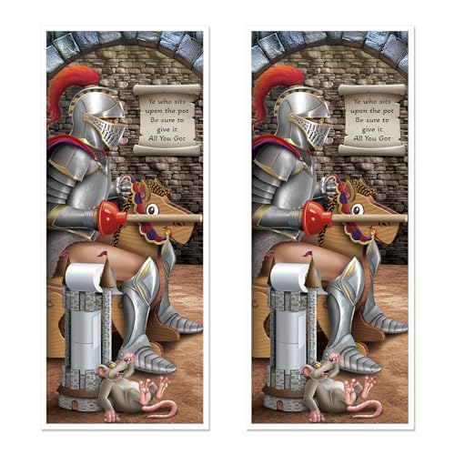 Image of Beistle Knight Restroom Door Cover - 2 Pack, Medieval Castle Bathroom Party Decorations, Funny All-Weather Plastic Backdrop for Renaissance Fairs, Festivals, Birthday Parties, Themed Events, 6' x 30 inch