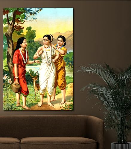 Image of Sikhash Raja Ravi Varma Canvas Painting Classic Art, Indian Art, Famous Artist, Wall Painting for Living Room, Bedroom, Office, Unframed, Multicolor Fabric Size - 35x23 inches (89x58 cms, Shakuntala and Sakhis)