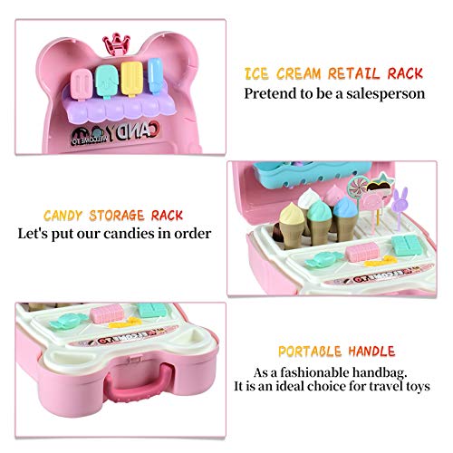 W Q Pretend Play Toys Sets for Kids Ice Cream Toy Candy Carrier Backpack for Girl, Play Kitchen Food Educational Game Birthday 29PCS