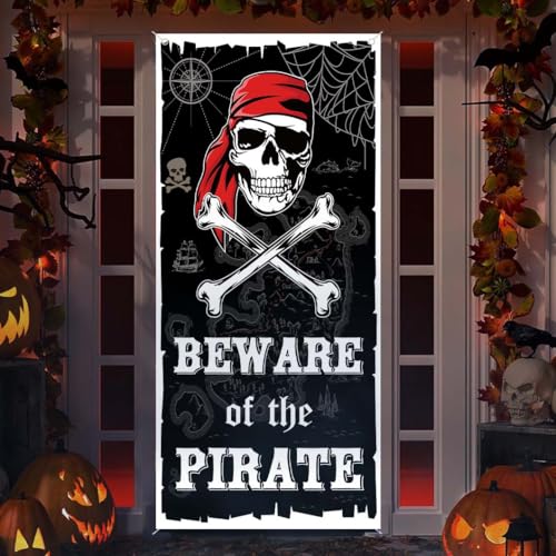 Pirate Door Cover Decorations for Halloween Pirate Themed Party Decor: Horror Skull Head Halloween Banner for Front Door - Scary Pirate Backdrop Hanging Door Decorations