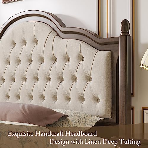 King-Size-Wood-Bed-Frame-with-Upholstered-Headboard-Solid-Wood-Platform-Bed-with-Linen-Tufted-No-Box-Spring-Needed-Easy-Assembly-Walnut King Size Wood Bed Frame with Upholstered Headboard Solid Wood Platform Bed with Linen Tufted No Box Spring Needed Easy Assembly Walnut