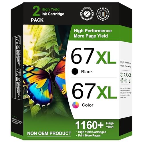 67XL Ink Cartridges Black/Color Combo Pack Replacement for HP Ink 67 67XL Printer Ink Works for HP DeskJet 2827e 2755e 2700 2855e 2842e 2800 4155e 2755 2852e Envy 6055e 6000 6455e (1 Black, 1 Color)
