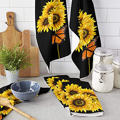 Kitchen Dish Towels 3 Pack-Super Absorbent Soft Microfiber,Abstract Sunflower Monarch Butterfly Black Pattern Cleaning Dishcloth Hand Towels Tea Towels For Kitchen Bathroom Bar #TOP2