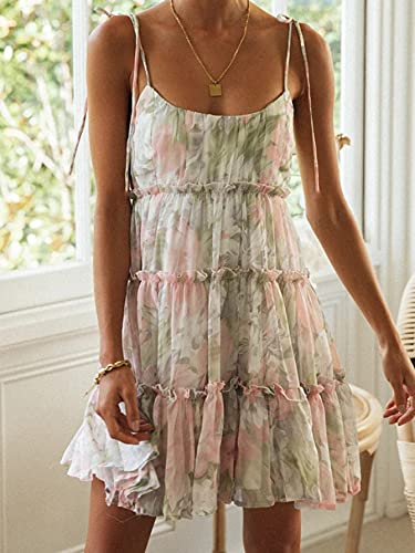 Image of kinstell Women's Boho Spaghetti Strap Ruffle Square Neck Bowknot Backless Sleeveless Elegant Flowy Mini Short Skater Dresses