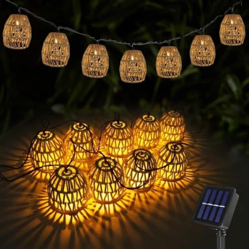 Guirlande lumineuse solaire de 3,6 m avec 10 LED, en rotin, résistante aux intempéries (IP65), lumière blanche chaude, idéale pour la décoration de...