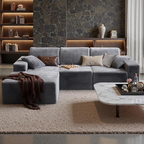 Hawthyhome Modulares Ecksofa L Form Cordstoff – Boneless Couch mit Schlaffunktion, Ecksofa mit Liegesessel, 3 Rückenlehnen & 4 Kissen, Keine Montage – Grau Hawthyhome Modulares Ecksofa L Form Cordstoff – Boneless Couch mit Schlaffunktion, Ecksofa mit Liegesessel, 3 Rückenlehnen & 4 Kissen, Keine Montage – Grau