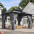 Aoxun 10'x12' Hardtop Gazebo, Aluminum Frame Permanent Pavilion with Curtains and Netting, Outdoor Polycarbonate Double Roof Canopy, Designed for Garden, Lawns, Patio