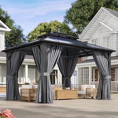 Aoxun 10'x12' Hardtop Gazebo, Aluminum Frame Permanent Pavilion with Curtains and Netting, Outdoor Polycarbonate Double Roof Canopy, Designed for Garden, Lawns, Patio