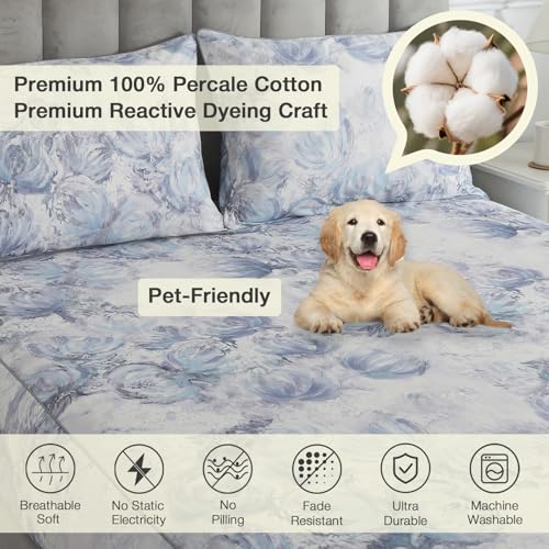 Image of Shabby Blue Floral Chic Percale Sheets King Size, 100% Cotton White Flower Deep Pocket Sheet Set, Abstract Aesthetic Soft Toile Bed Sheets, Luxury Vintage Cottage Core Bedding Sets, 4Pcs