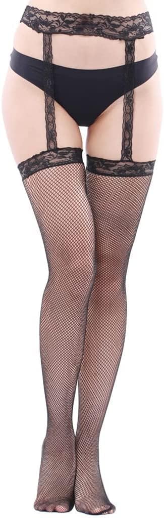 zwart Fishnet Women's Stockings Non-Stretch Long Tube Lace Thigh Socks Temptation Suspender 2 Pairs,One Size-Small Hole