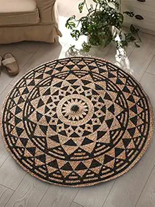 SASHAA WORLD Handwoven Black Symmetric Design Jute Rugs Round Braided Floor Carpet Mat for Living Room, Bedroom, Dining, Office, Restaurant (100 cms Round, Natural & Black Print)