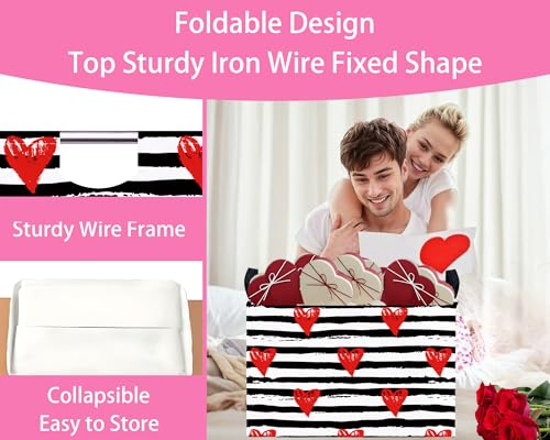 Image of Valentines Day Basket for Kids Heart Shaped Empty Storage Bins for Gifts with Handles Room Decor (Black Dash Red Love)