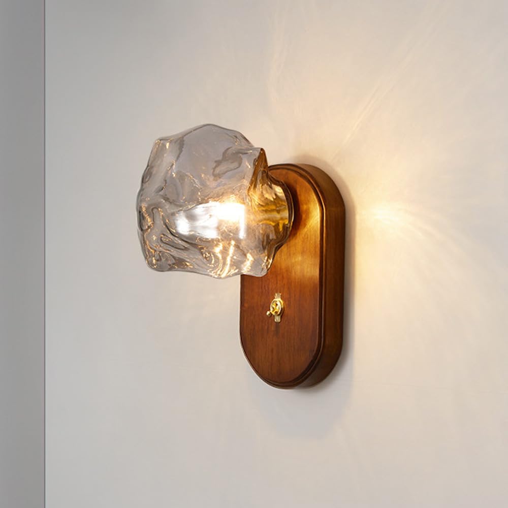 Modern Home Decoration Wall Lamp with Crystal Ice Cubes Rustic Wooden Farmhouse Wall Lamp with On/Off Switch Vintage Antique Bedside Lamp Sconce for Bedroom Headboard for Living Room