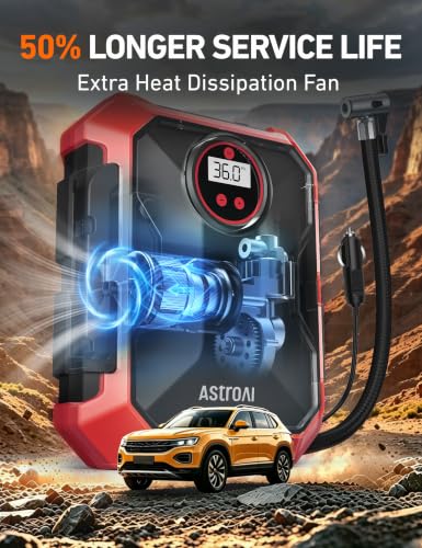 Image of AstroAI Tire Inflator Portable Air Compressor 12V DC 100PSI, Integrated Storage, Digital Gauge, Auto Shut-Off Fast Inflation LED Light, Air Pump for Car Tires Bike Motorcycle Other Inflatables, Red