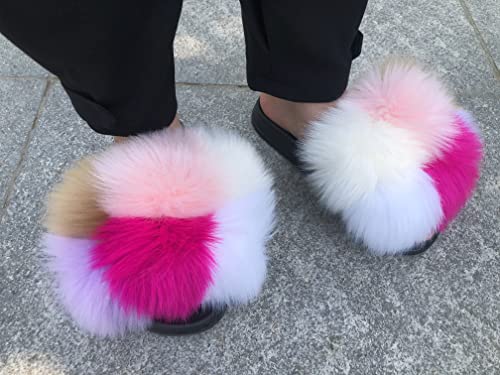 Image of Women's Faux Fur Slides, Open Toe Cute Fur Slippers, Indoor or Outdoor Comfortable Furry Slide Sandals With Fluffy Fur