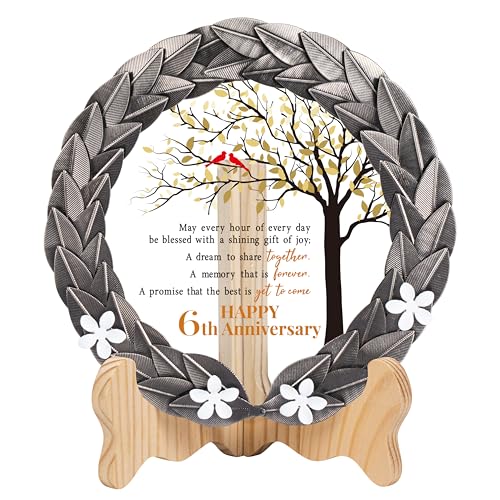 Product Image of the 6th Anniversary Wedding Gifts Crystal Plate with Iron Leaf Wreath – 6 Years Iron Ideas for Couple or Parents – Cardinal Style