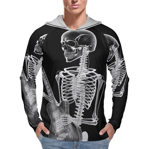 Men's Sun Shirts UPF 50+ Rash Guard Long Sleeve Sun Protection Hoodie Abstract Skeleton Playing Guitar Lightweight Shirt 3XL White