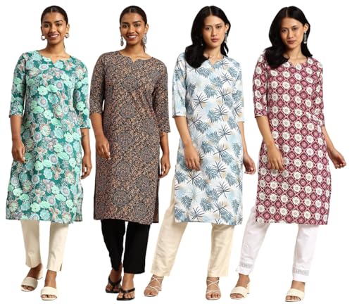 Image of JAKHANA Women's Crepe Printed Casual Straight Calf Length Round Nick Kurta Pack of 4
