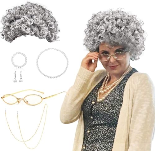 BIQIQI Oma Perücke Grauer Old Lady Kostüm Set Damen Großmutter Cosplay...