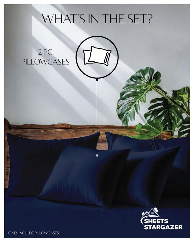 Image of 1000 Thread Count 100% Egyptian Cotton Pillow Cases, Set of 2 Pillowcase, Long-Staple 100% Cotton Breathable, Soft Sateen Weave Bed Pillow Cover, 20 X 40 Inches Pillowcases Navy Blue King Size