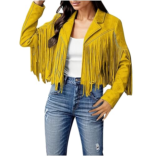 Womens Vintage Fringe Faux Suede Leather Cropped Jackets Fall Winter Motorcycle Moto Biker Short Open Front Tassel Coat