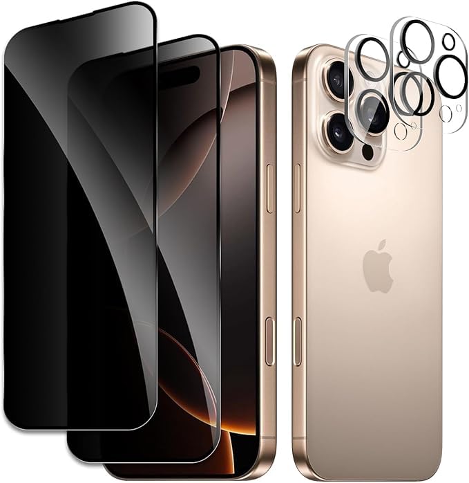 Image of [ 2+2 Pack Privacy Screen Protecor for iPhone 16 Pro Anti-Spy Shatterproof Tempered Glass with Camera Lens Tempered Glass 9H Hardness Bubble Free Anti-Glare Case Friendly