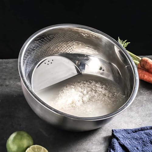 Image of KRESHU Stainless Steel 304 Food Grade 3-in-1 Bowls Vegetables Rice Washer with Side Drain Bowls Colander Strainer Basket Ideal for Kitchen Tools Vegetables, Rice, Fruits (26cm, Silver)