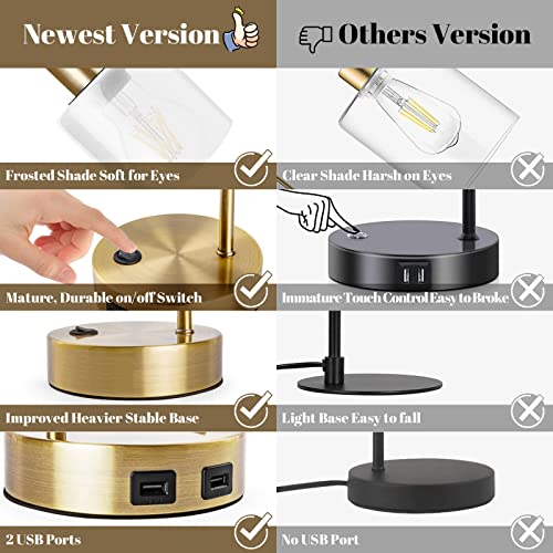 Urophylla Gold Industrial Table Lamps For Bedrooms Set Of 2,Elizabeth Vintage Bedside Lamp With Usb Port,Brassmetal Nightstand, Modern Desk With Dimmable Edison-Bulb,Glassshade For Living Room,Office #TOP3