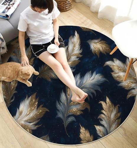 Tapis rond lavable en machine plumes dorées 200cm platine pour salon - 6