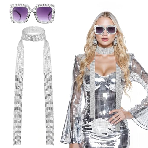 Abeillo 2 Stück 70er Jahre Disco Accessoires,Glitzer Pailletten Schal und Brille,Retro Disco Kostüm Damen,70er Jahre Disco Zubehör für Fasching...