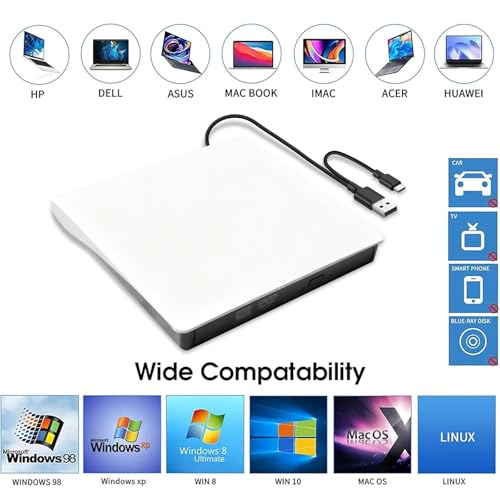 Lecteur CD DVD externe portable USB 3.0 Type C pour PC Windows 11 Linux
