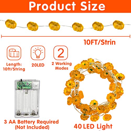 Turnmeon 2 Pack 3D Fall Pumpkin Lights Fall Garland Decor, Total 20Ft 40 Led Warm White Lights Battery Powered Fall Lights For Thanksgiving Halloween Pumpkin Harvest Home Indoor Decorations #TOP2