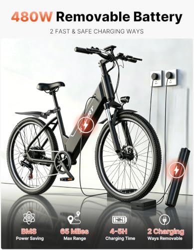 Image of Electric Bike for Adults, 1500W Peak E bike with 48V 12Ah Internal Removable Battery, 26 inch Electric Bicycle Up to 25MPH, 65 Miles Long Range, 5 Modes & 7 Speeds, Lightweight Cruiser E-bike for Commute