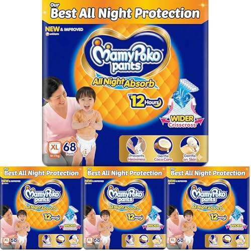 Image of Mamypoko pants All night absorb| Pant Style Baby Diapers X- Large Size(XL), 68 Count, Ideal for 12-17Kgs|1 Diaper: Upto All night Absorption|Wider Crisscross Sheet|Gentle Coco Care| 12hr Leakage Protection| Prevents Heaviness (Pack of 8)