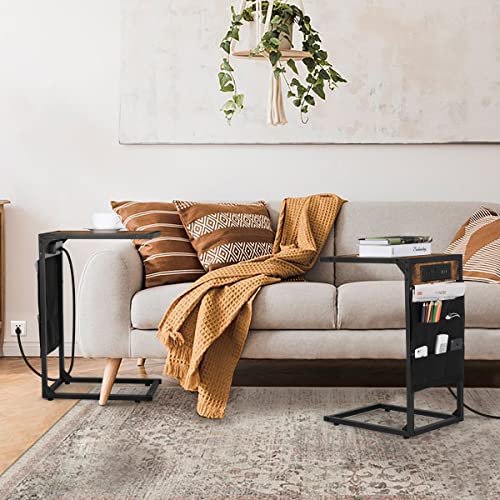 Set Of 2 C Shaped End Table With Charging Station, Snack Side Table, C Tables For Couch, Couch Tables That Slide Under, For Living Room, Bedroom, Rustic Brown #TOP1