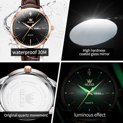 Image of OLEVS Men Watches Dress Waterproof Leather Band Classic Large Face Luxury Watches for Men Casual Fashioned Nice Analog Watch Men Day Date Easy Reader Quartz Original Business Adjustable Watches Men