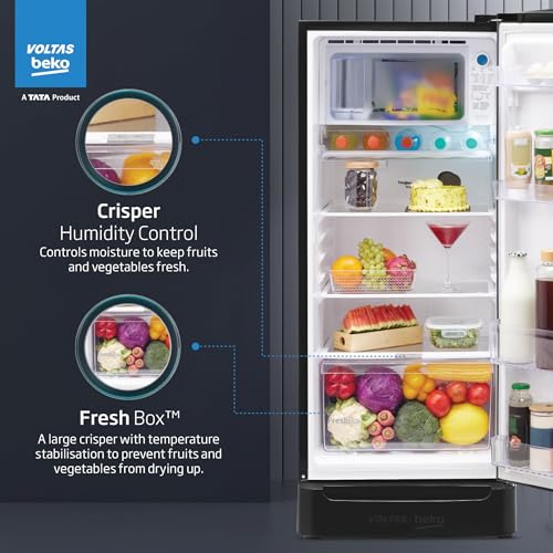Image of Voltas Beko, A Tata Product 183 L, 4-Star Single Door Direct Cool Refrigerator with Fresh Box Technology (2026 Model, RDC215A / 4W0DGR0M0B00GO, Dark Grey, Base Drawer)