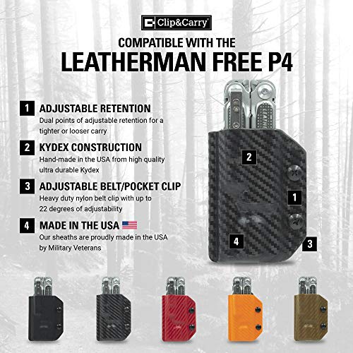 Clip & Carry Kydex Multitool Sheath for LEATHERMAN FREE P4 - Made in USA (Multi-tool not included) EDC Multi Tool Holder Holster Cover (Red Carbon Fiber)