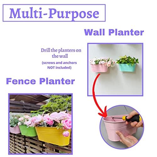 Lalagreen Rail Planter Outdoor - 6 Pack, 9.8 Inch Metal Iron Hanging Flower Pot Deck Railings Colorful Fence Bucket Modern Countryside Boho Style Wall Mount Window Box Plant Holder Porch Decor #TOP5