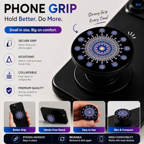 Image of Phone Case Holder | Expanding Kickstand, Mobile Phone Hold Grip for iPhone, Samsung, OnePlus & All Smartphones - Mandala (Blue)